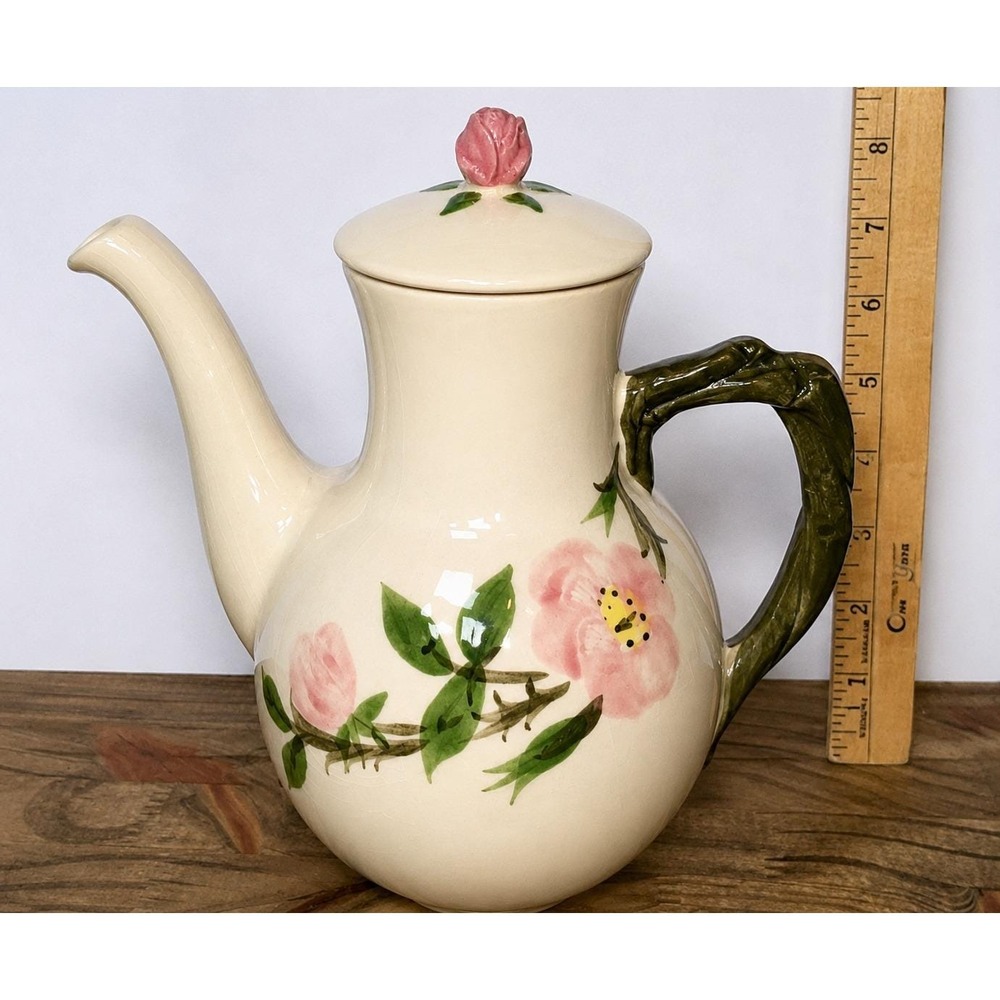 Franciscan Desert Rose Coffee Pot W/ Lid USA Pink Roses Green Handle Pottery Vtg - Picture 2 of 15
